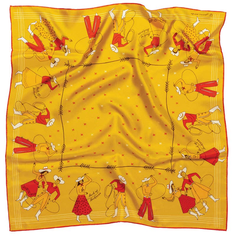 Jenni Earle Buck Up Buckaroo silk bandana with Western-inspired design, featuring vibrant colors and intricate patterns.