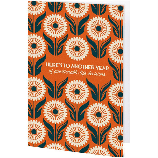 Questionables Life Decisions greeting card featuring colorful, whimsical illustrations and heartfelt message for special occasions.