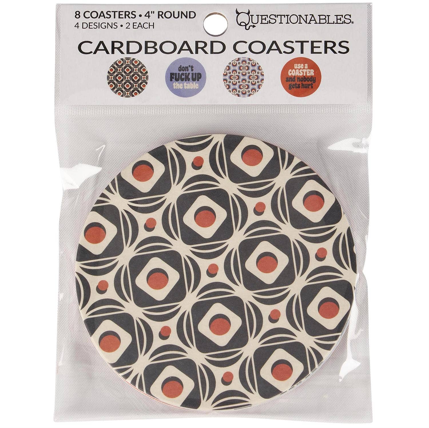 Set of four Use A Coaster Questionables drinking and barware coasters with colorful designs on a wooden bar surface.