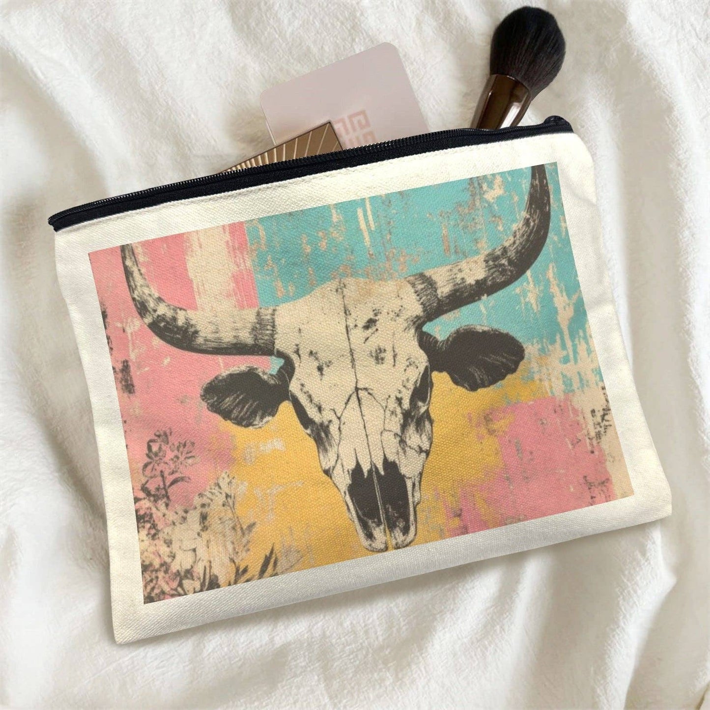 Pop Western Skull cosmetic bag by BAHA RANCH WESTERN WEAR, featuring a Western skull design on a durable bag.