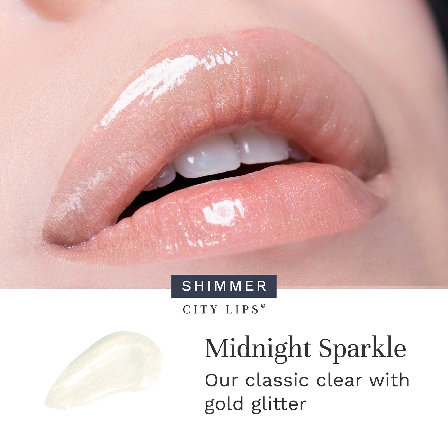 City Lips® Midnight Sparkle gold glitter lipgloss showcasing shimmering gold and clear gloss on smooth lips.