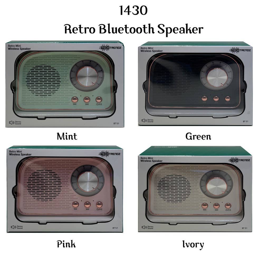 Retro Bluetooth speaker by Tech Trendz with a vintage design, compact size, and visible control buttons on the front.