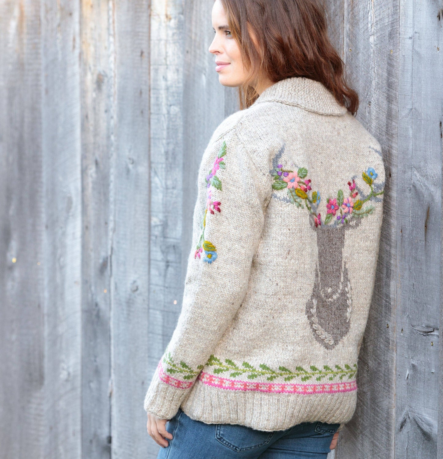 Lost Horizons Knitwear Hartley Floral Antler Sweater featuring a floral and antler design on soft knit fabric.
