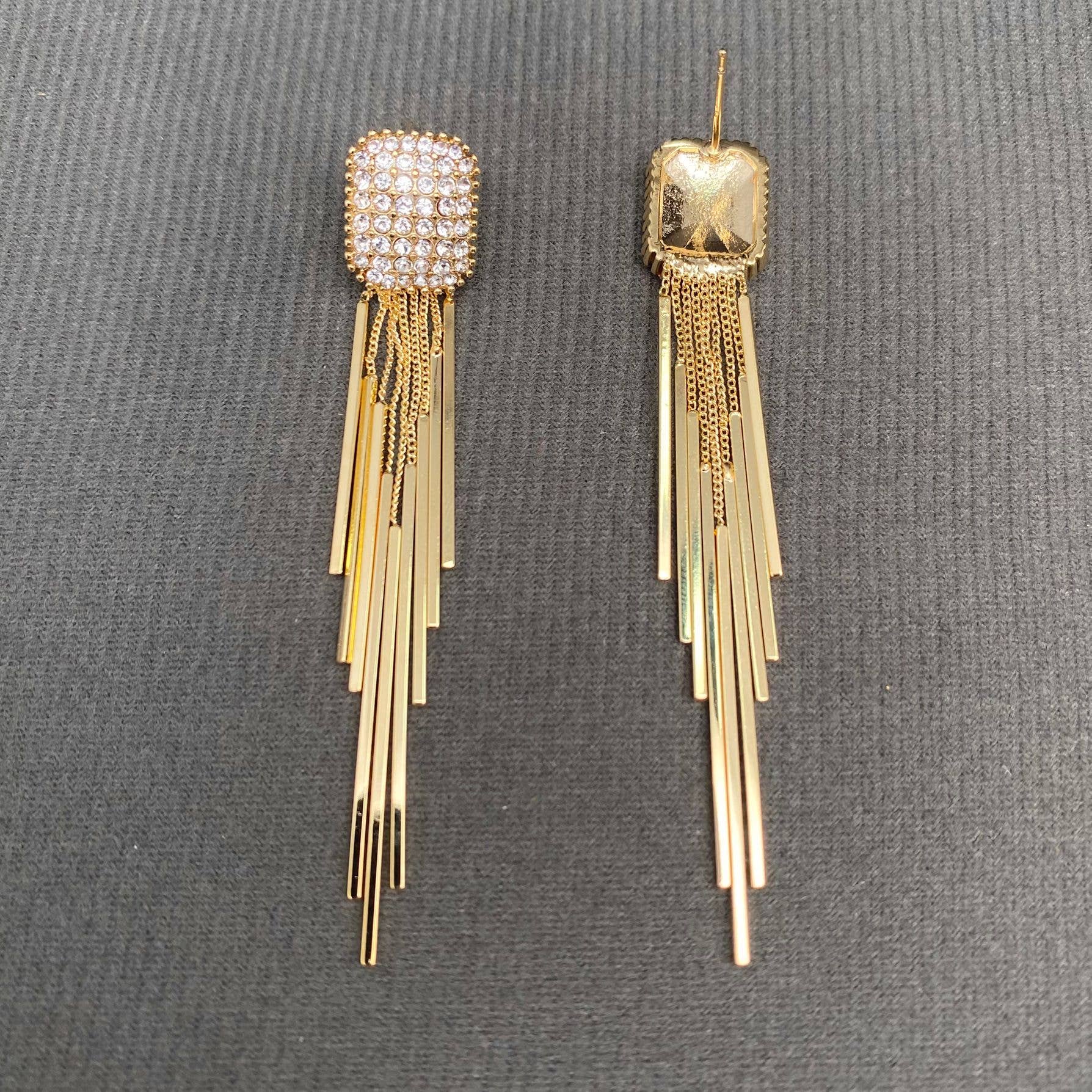 Gold fringe rhinestone earrings by Mio Queena featuring sparkling rhinestones and elegant fringe design.