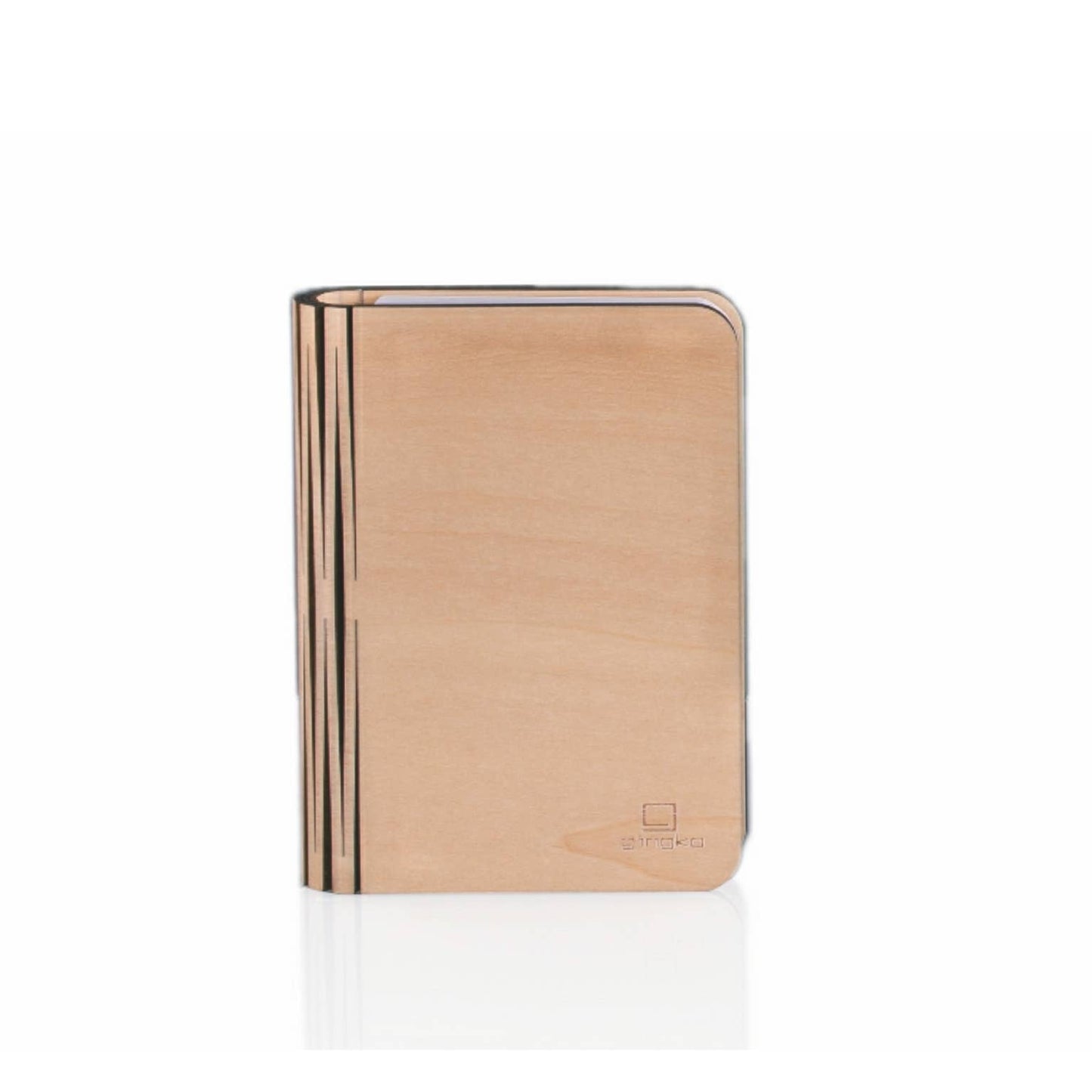Natural wood smart book lamp by Gingko Design, featuring a sleek, minimalist design with integrated LED lighting for reading.