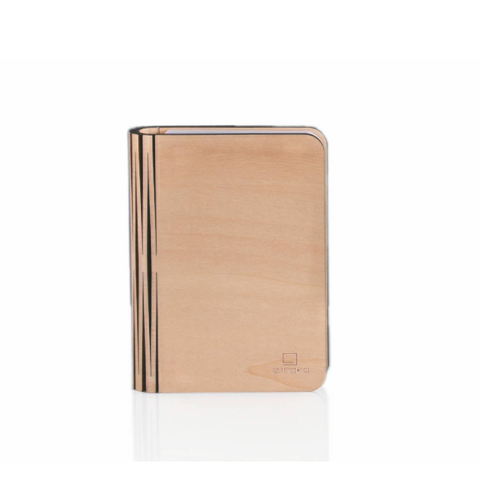Natural wood smart book lamp by Gingko Design, featuring a sleek, minimalist design with integrated LED lighting for reading.
