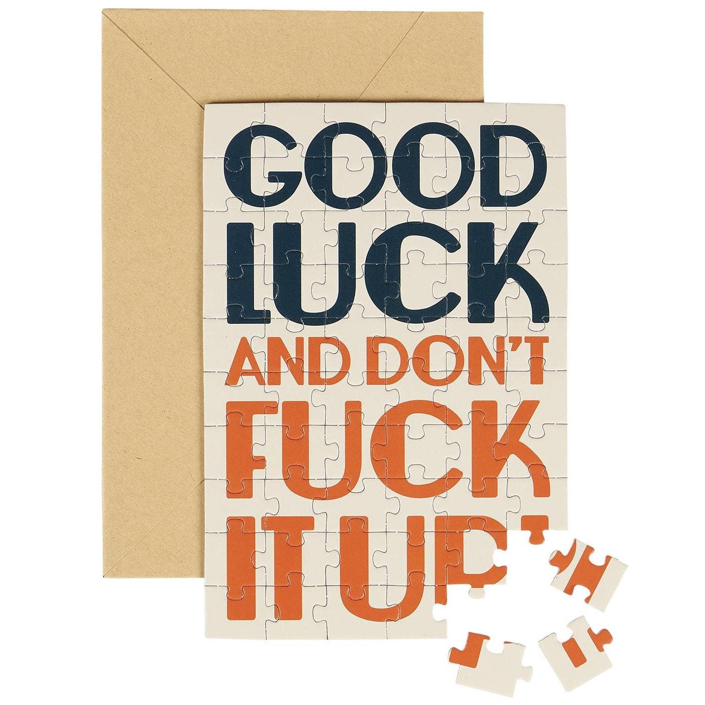 Questionables Good Luck Puzzle Card, a colorful greeting card featuring a fun puzzle design and uplifting message.