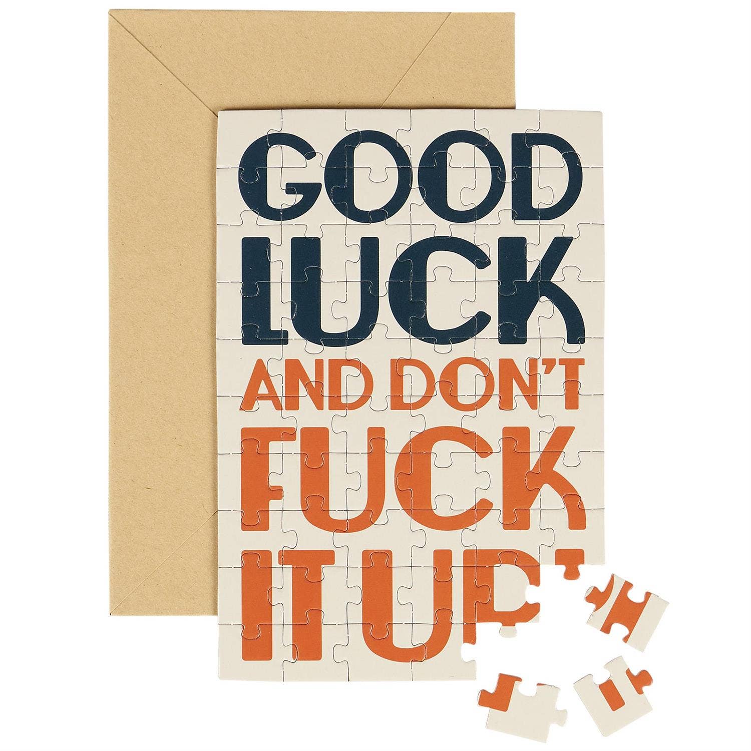 Questionables Good Luck Puzzle Card, a colorful greeting card featuring a fun puzzle design and uplifting message.