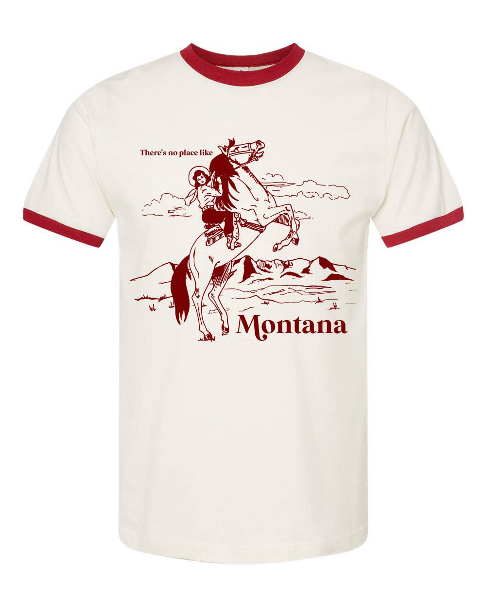 Cream and red retro style ringer T-shirt from The Coin Laundry featuring "No Place Like Montana" design.