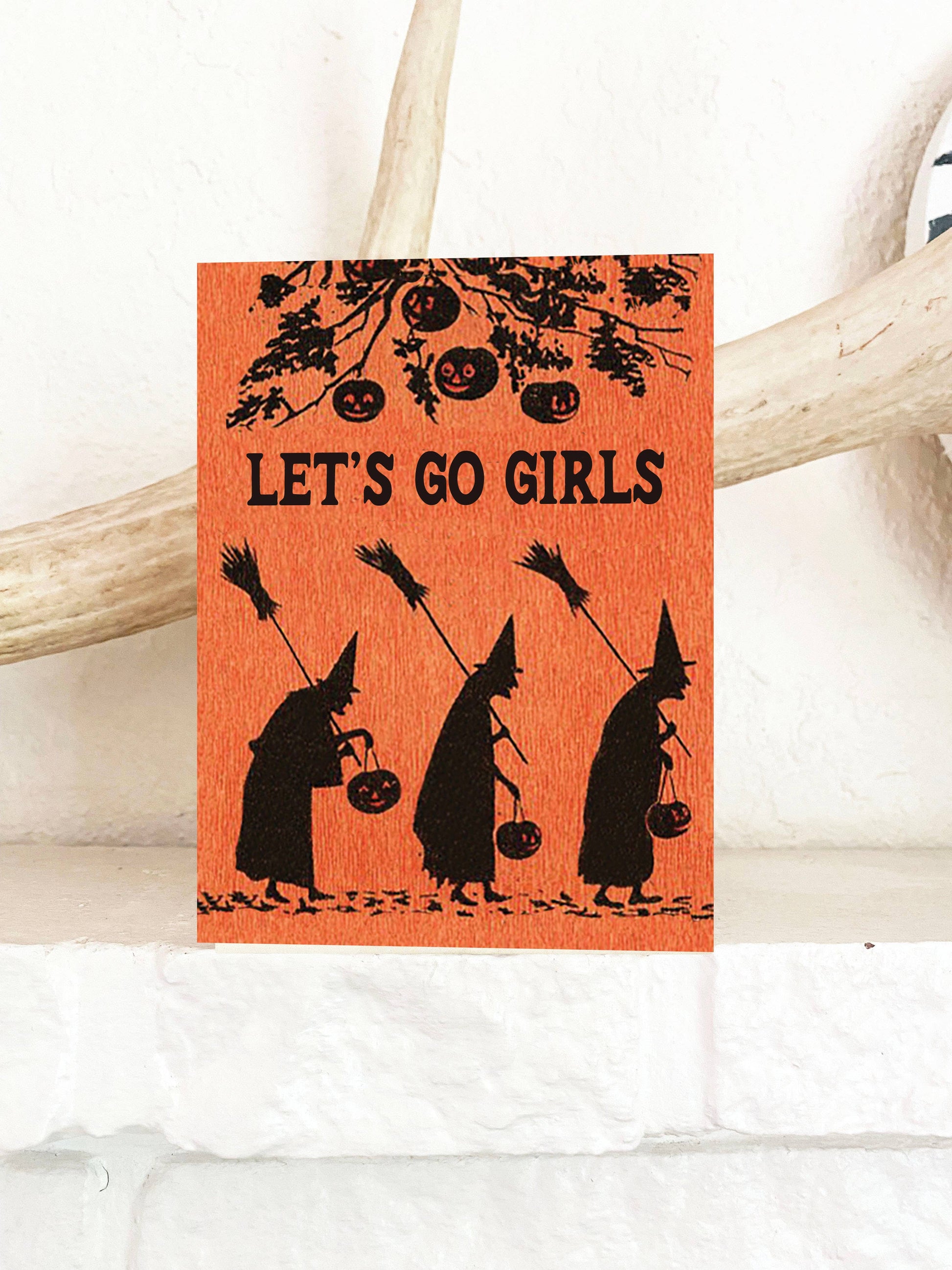 Let's Go Girls vintage witches card set by The Coin Laundry, featuring seven colorful witch illustrations on collectible cards.