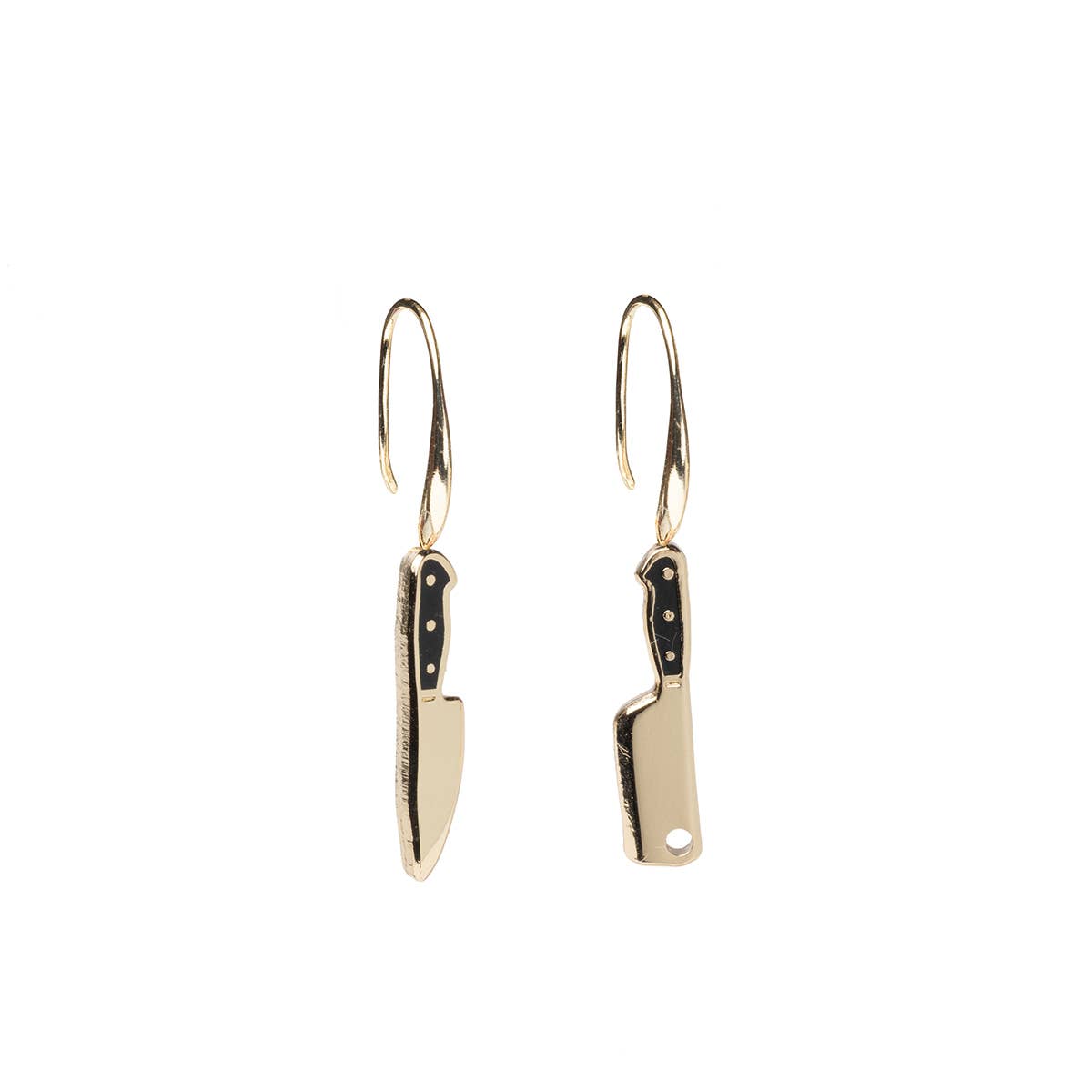 Yellow Owl Workshop chef's knife and cleaver earrings featuring detailed knife and cleaver charms for unique kitchen-themed jewelry.
