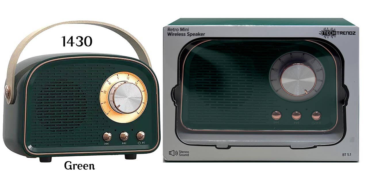 Tech Trendz retro Bluetooth speaker with a sleek design, portable wireless speaker for music on the go.
