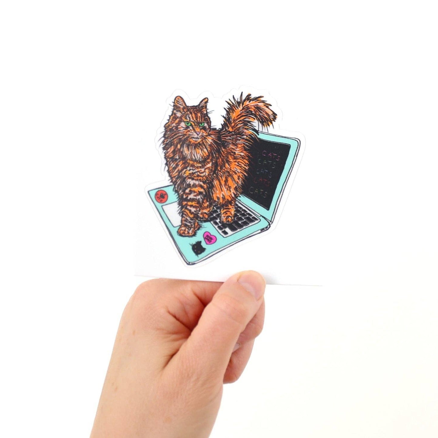 Colorful Hacker Cat sticker by Slow Loris featuring a playful cat with sunglasses and tech-themed design on a white background.