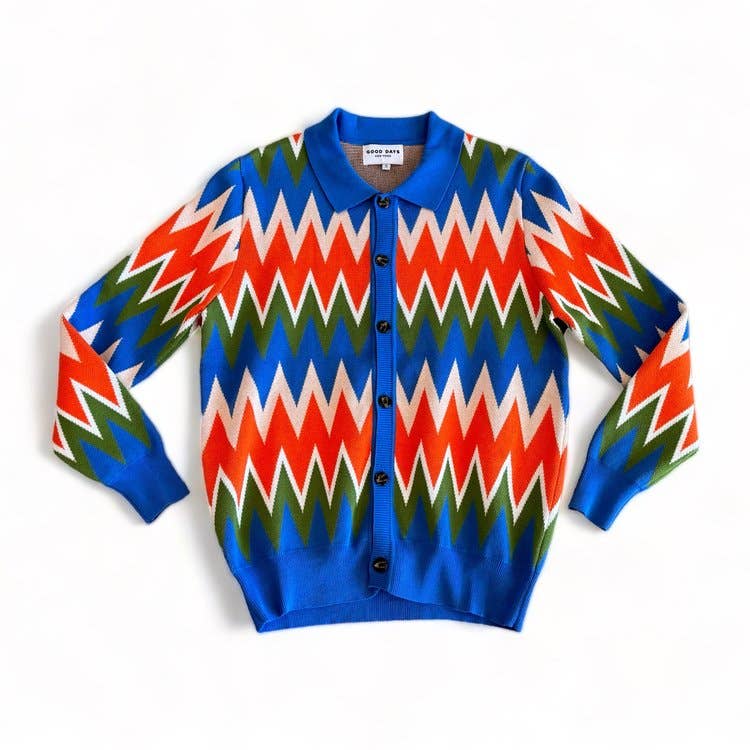 Zig Zag Knit Jacquard Polo Cardigan