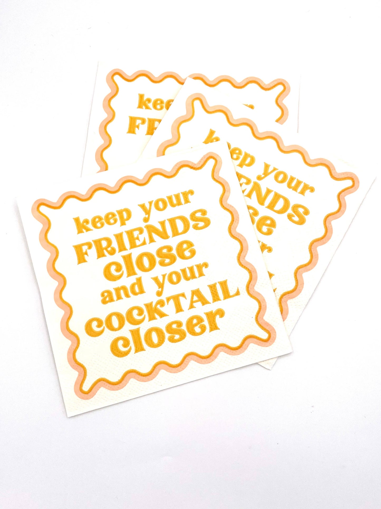 Set of 20 funny cocktail napkins by soiree-sisters featuring humorous "Keep Your Friends Close" design for parties and gatherings.