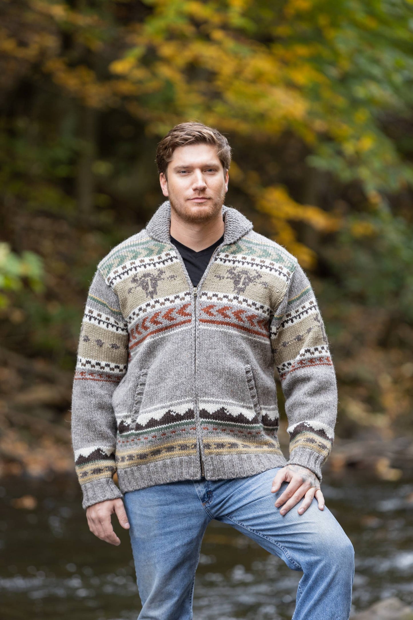 Yellowstone Heritage Wool Sweater Jacket by Lost Horizons Knitwear, featuring a cozy, textured wool sweater jacket with a button front.