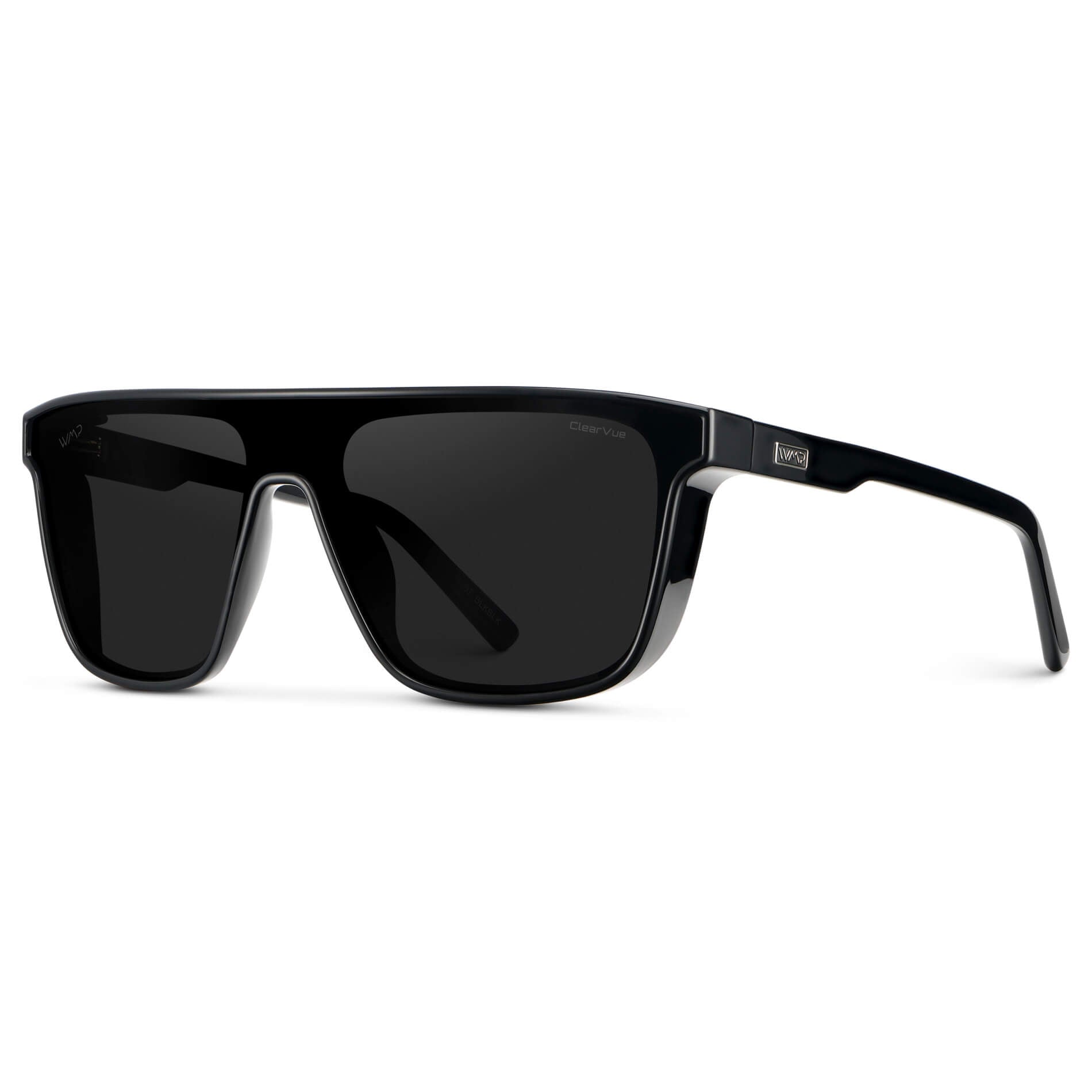 WMP Eyewear Jett men's polarized sunglasses with black frames and dark tinted lenses, outdoor view with clear sky.