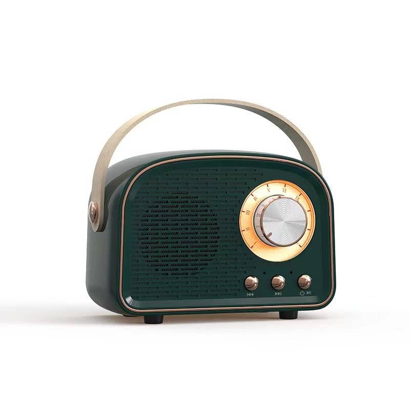 Tech Trendz Retro Bluetooth Speaker with vintage design, showcasing its compact shape and textured surface for portable audio.