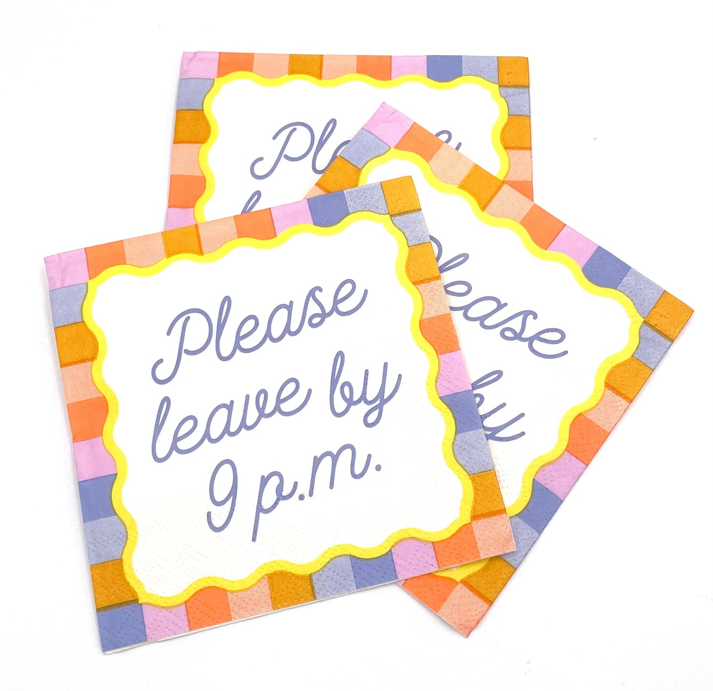 Set of 20 festive party napkins with "Please Leave By 9 P.M." message, by soiree-sisters, featuring fun, colorful design.