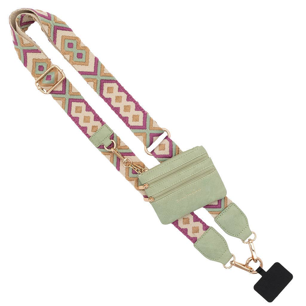 Save The Girls Clip & Go Crossbody strap with zippered pouch, stylish phone chain with adjustable strap and functional storage pocket.