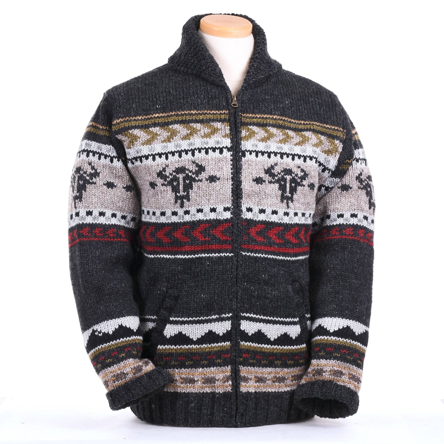Yellowstone Heritage Wool Sweater Jacket by Lost Horizons Knitwear, cozy knit sweater with heritage-inspired design and earthy tones.