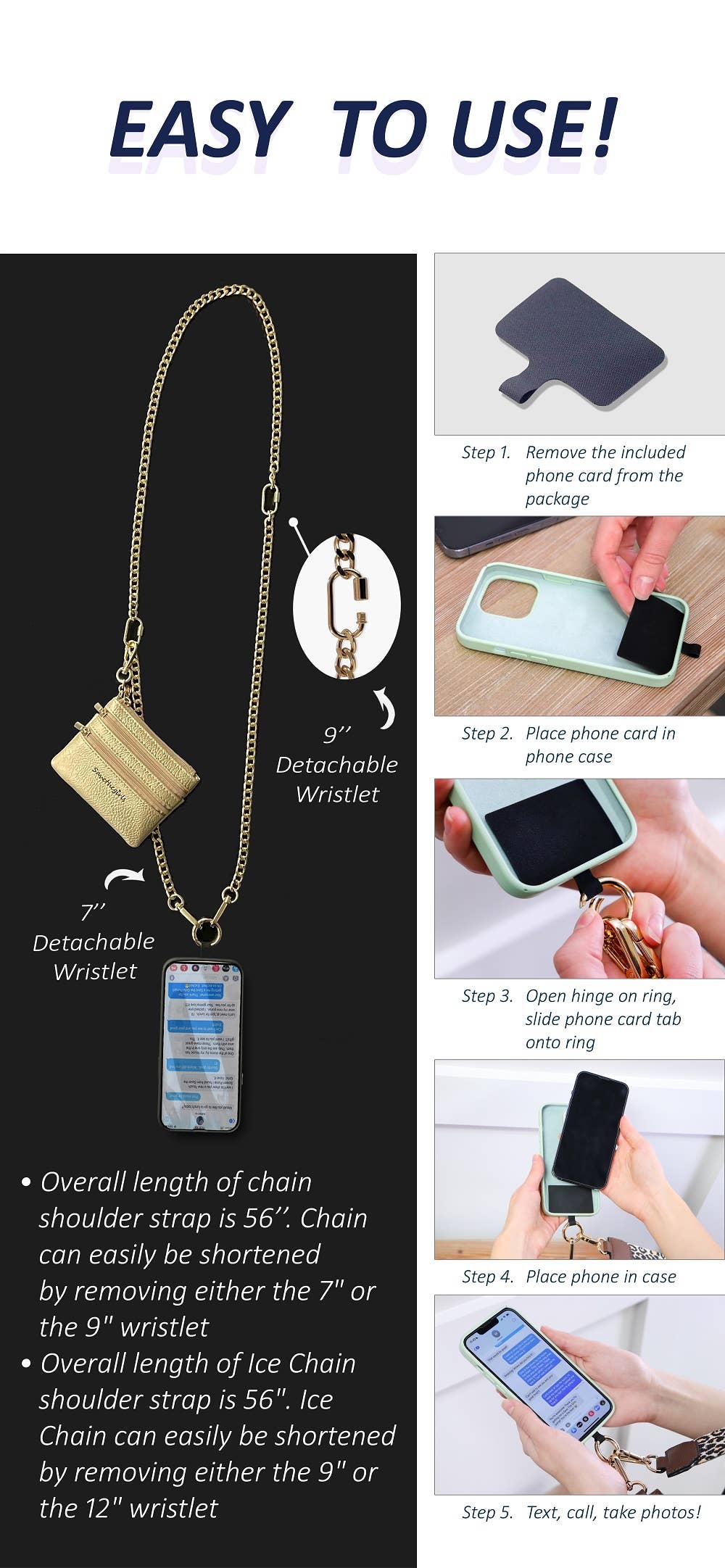 Save The Girls Clip & Go crossbody phone strap with metal clip and adjustable chain for hands-free convenience.