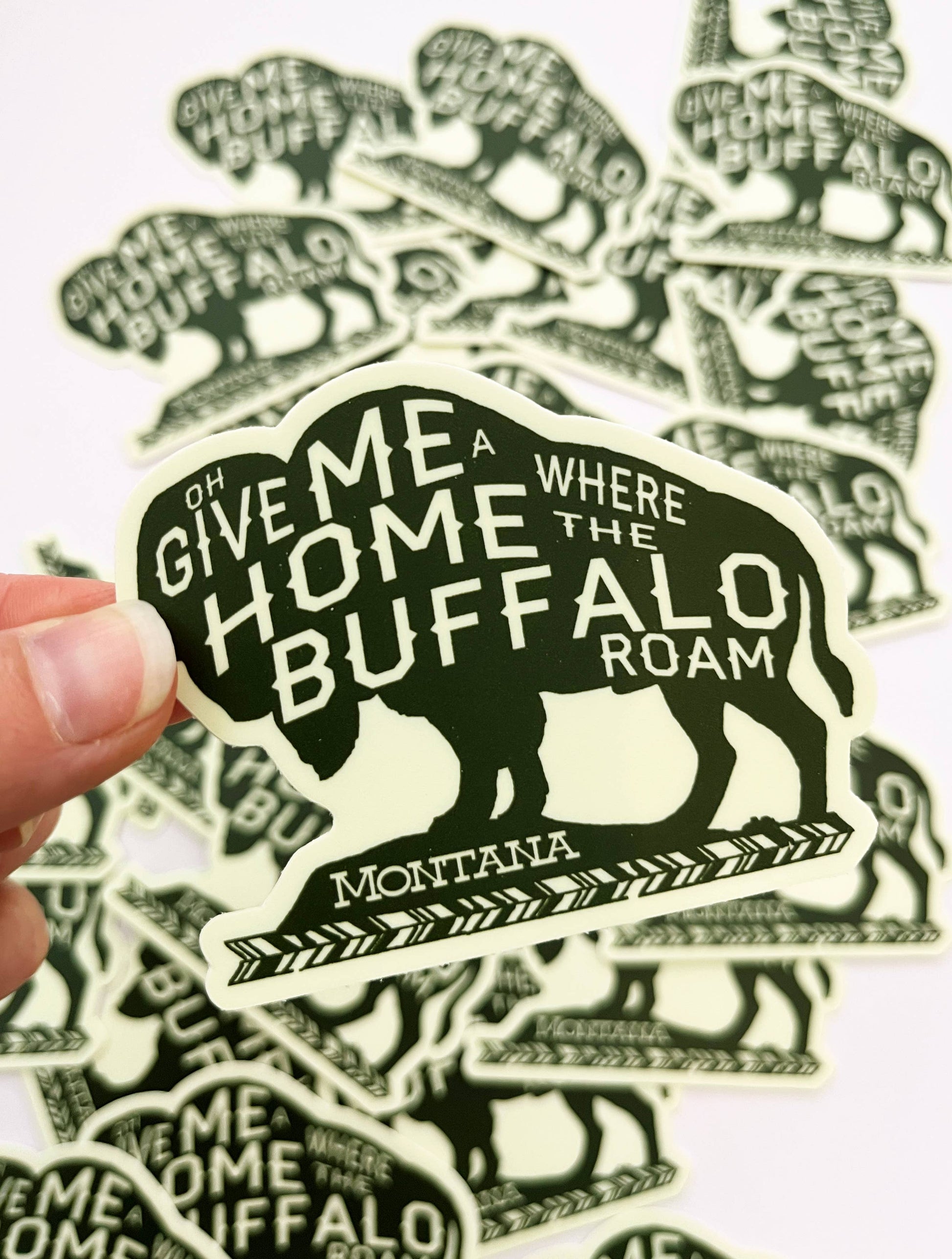 Montana Bison sticker featuring "Where the Buffalo Roam" design by The Coin Laundry, showcasing a detailed buffalo illustration.