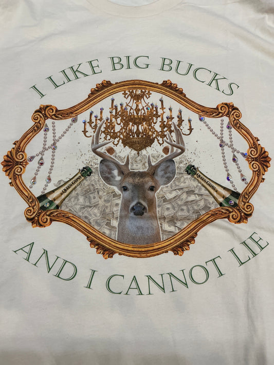 Queen Gypsy Big Bucks Tee, a casual black cotton top with bold graphic print, front view, short sleeves, and relaxed fit.