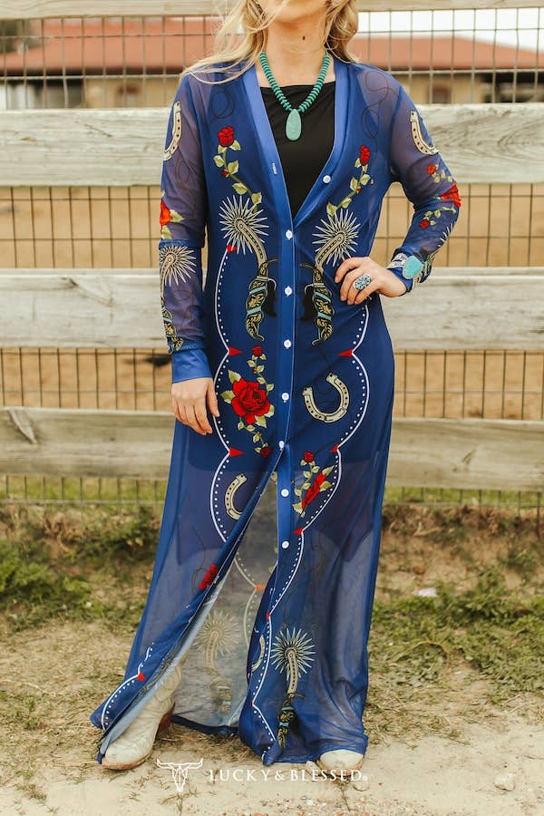 Denim Blue Floral Spur Mesh Button Down Maxi Duster