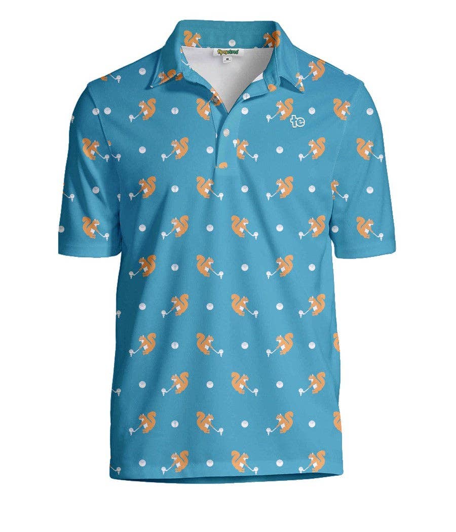 Tipsy Elves men's golf polo shirt with fun squirrel print, casual short-sleeve men's polo for golf or everyday wear.