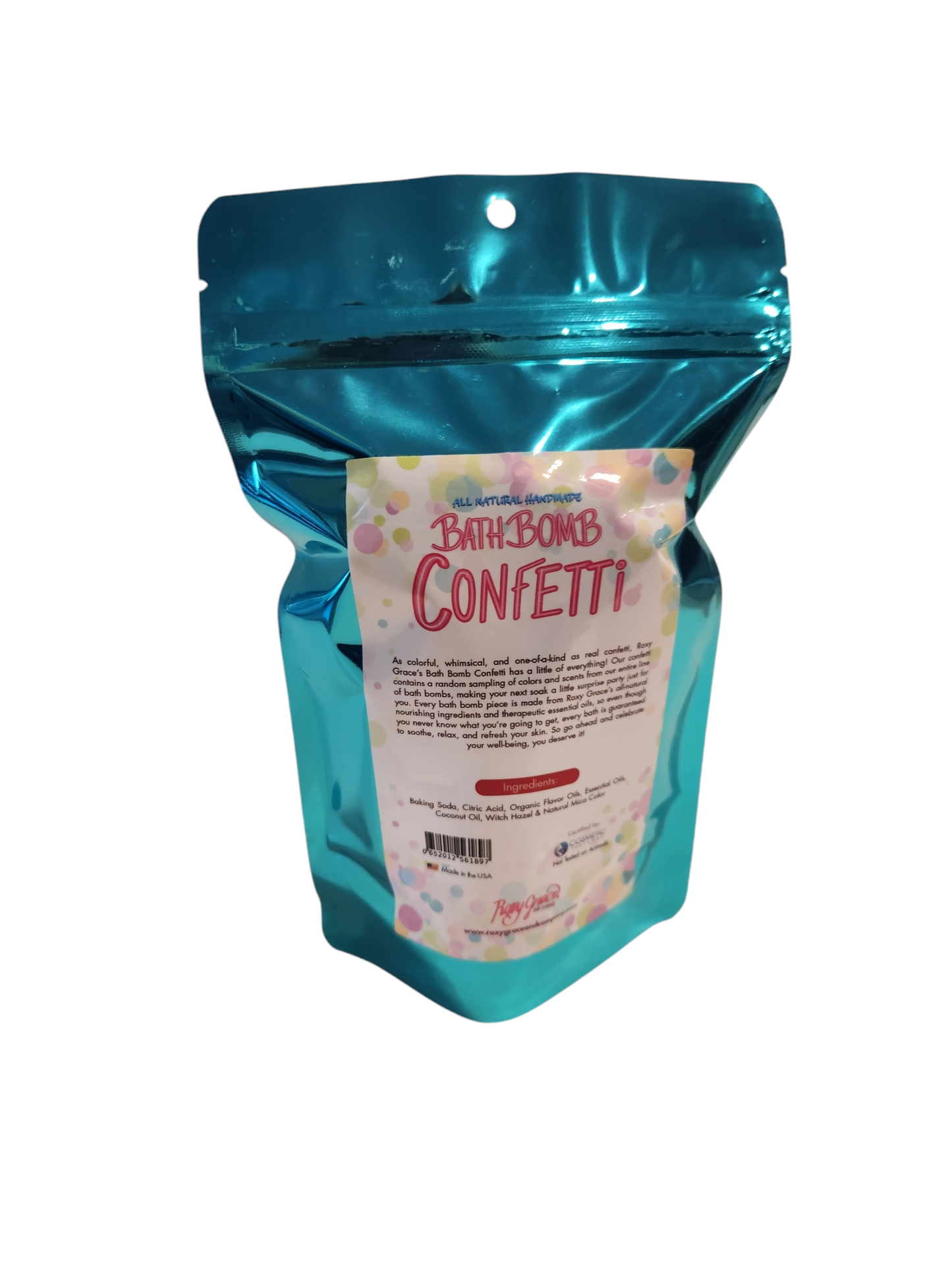 Colorful Roxy Grace bath bomb confetti with small, vibrant pieces perfect for relaxing bath routines.