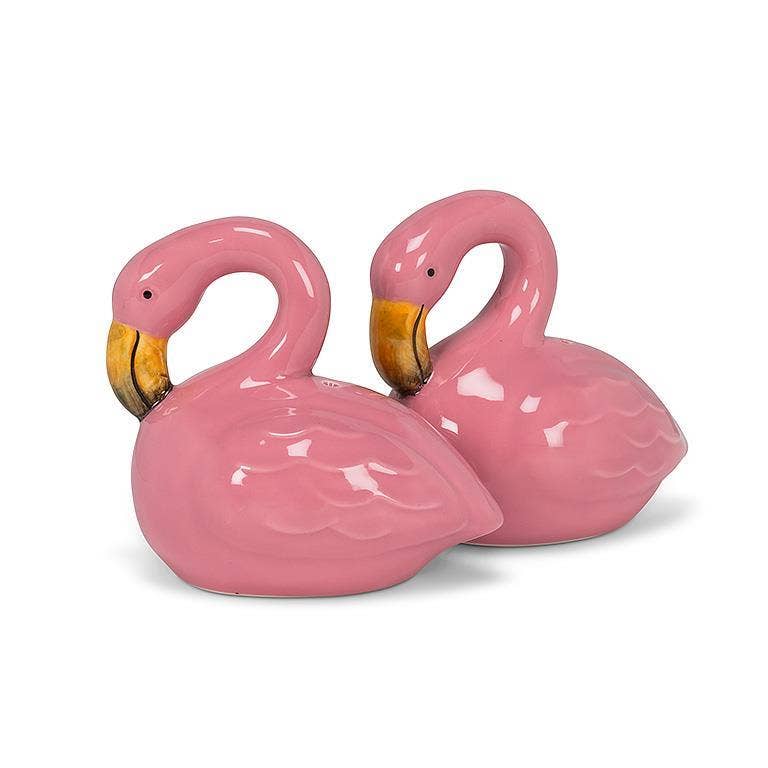 Abbott Sitting Flamingo salt and pepper shaker set featuring a pink flamingo figure with a textured surface.