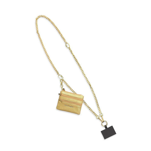Save The Girls Clip & Go crossbody phone strap with a sleek chain and adjustable strap for secure phone carrying.