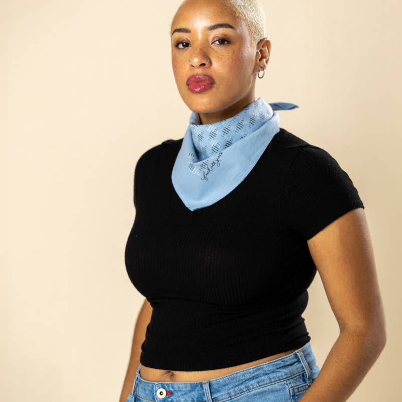 Black bandana with "fuck all y'all" text by Jenni Earle, featuring bold graphic design and classic square shape.