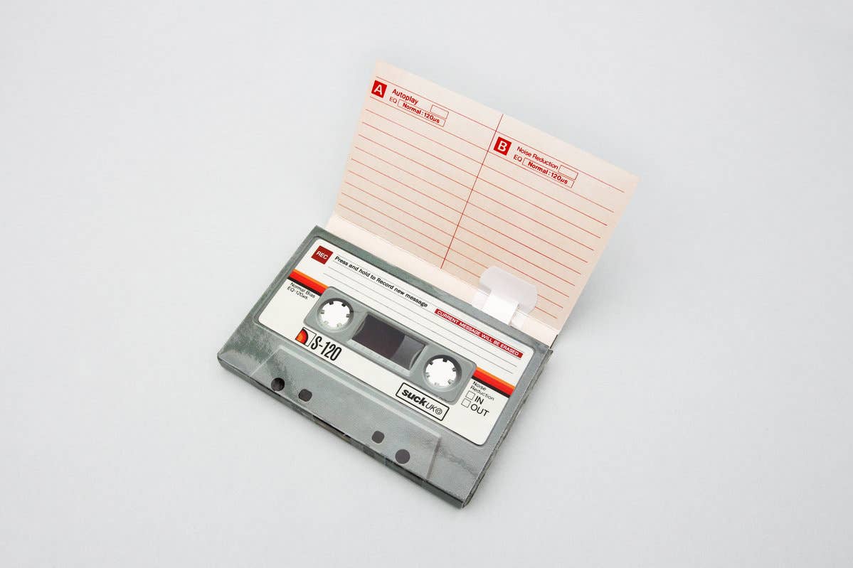 Cassette tape greeting card by SUCK UK Ltd showcasing a retro-style card with space to record your own message.
