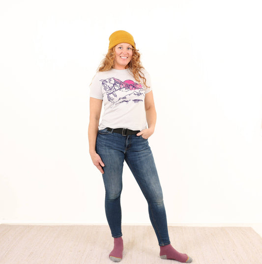 Princess & Buck Midnight Mountain Tee, crew neck T-shirt with mountain graphic in dark tones, casual fit.