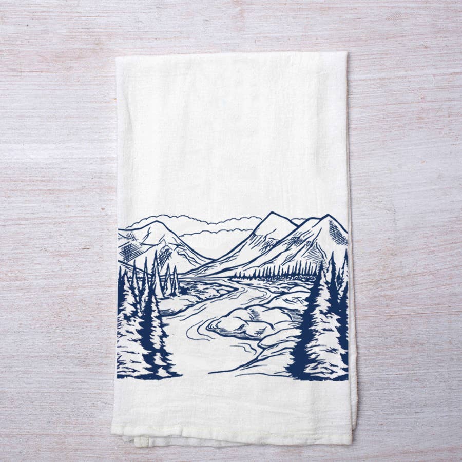Screen printed Mountain Tea Towel by Counter Couture, made in USA, featuring a nature-inspired mountain design for kitchen use.