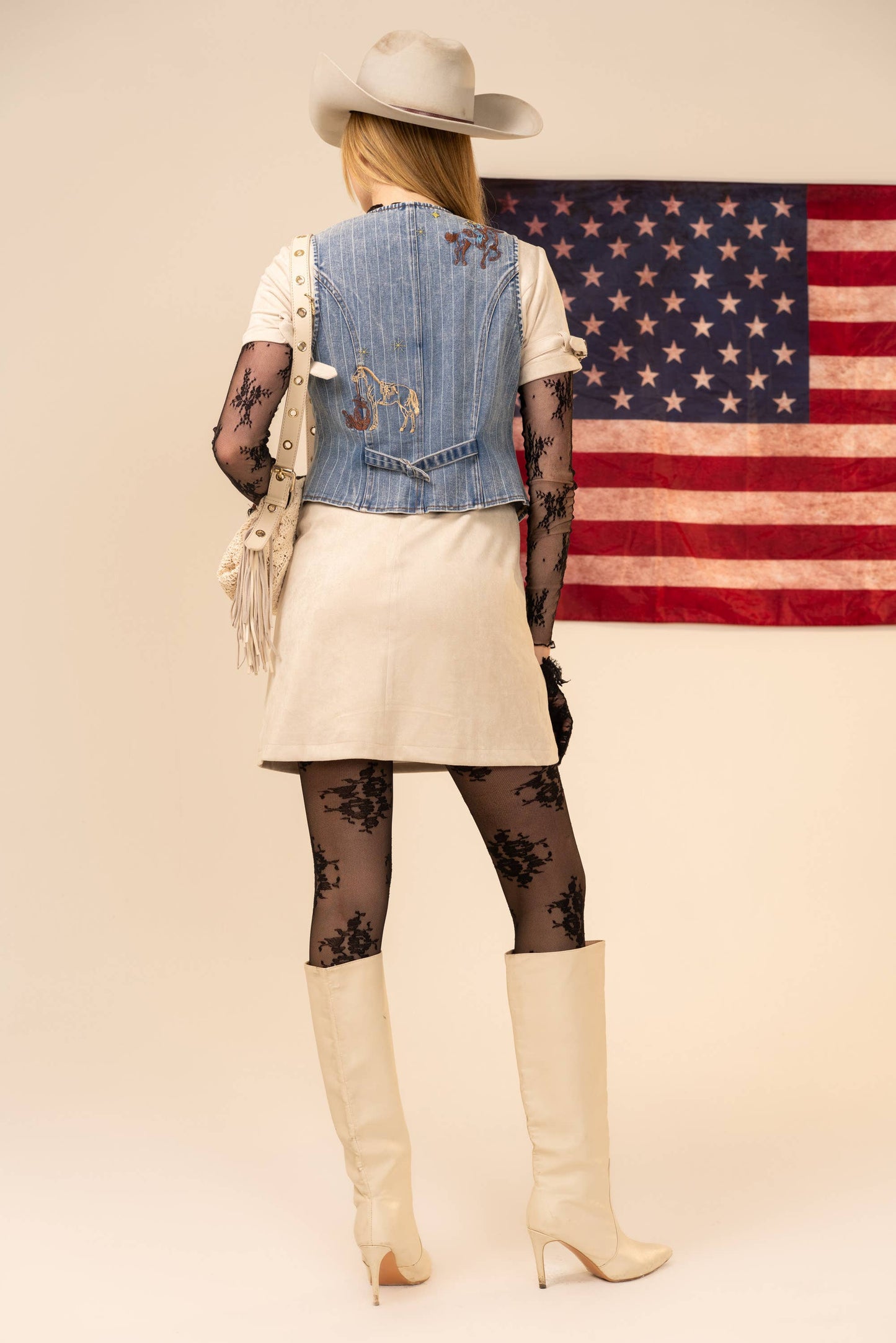 Pinstripe Embroidered Denim Vest