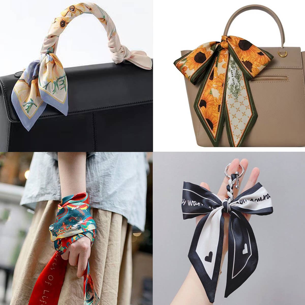 ACCITY Letter Twilly Scarf shown as a stylish hair ribbon and bag tie, featuring a vibrant printed design.