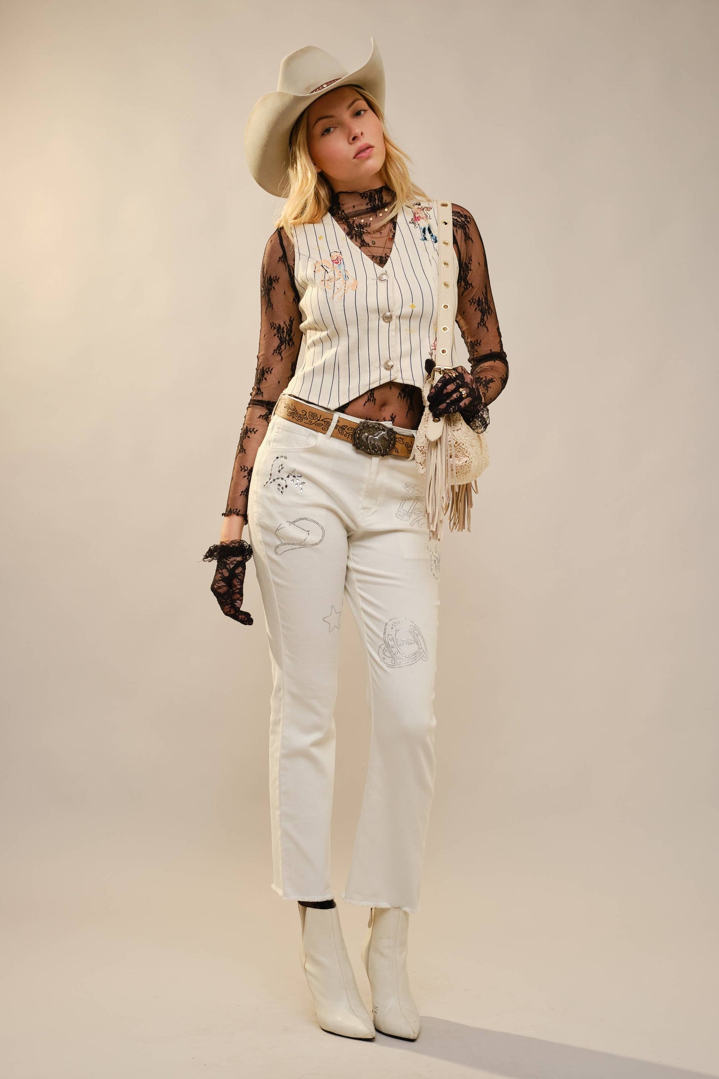 Pinstripe Embroidered Denim Vest