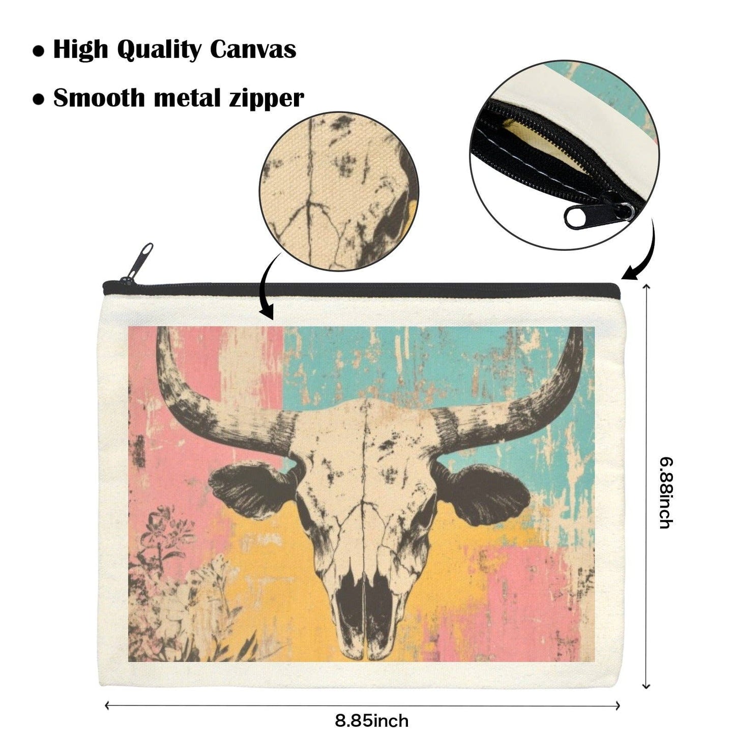 Western skull cosmetic bag from BAHA RANCH WESTERN WEAR featuring a bold skull design on a durable bag.