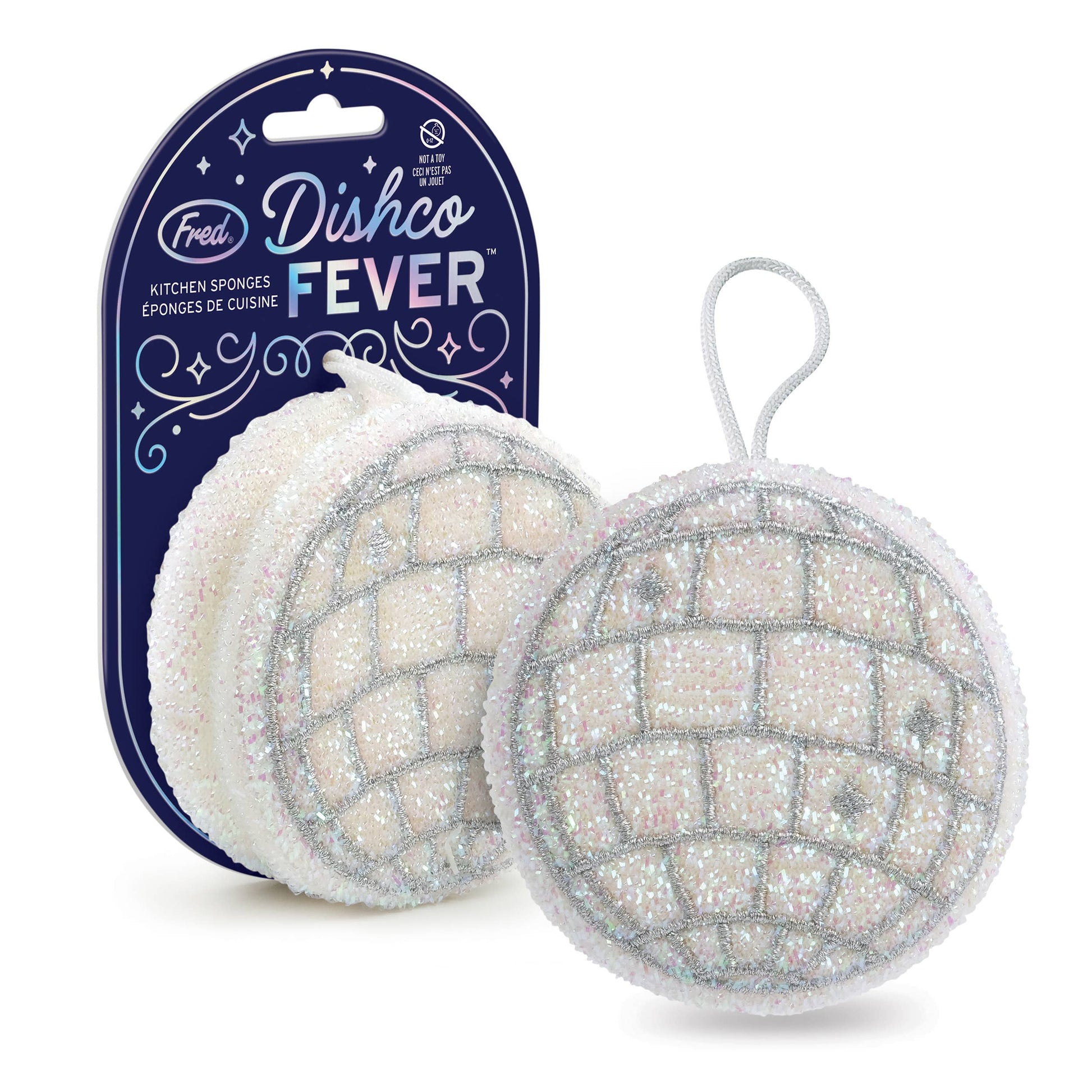 Fred & Friends Disco Ball Sponges set of 2, colorful round dishwashing sponges with a shiny, reflective disco ball design.