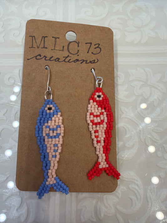 Colorful handbeaded fish earrings by MLC73 featuring vibrant beadwork and dangling fish design.