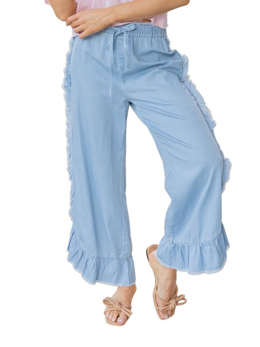 Simply Southern chambray ruffle pants featuring a relaxed fit and stylish ruffle accents, perfect for casual wear.