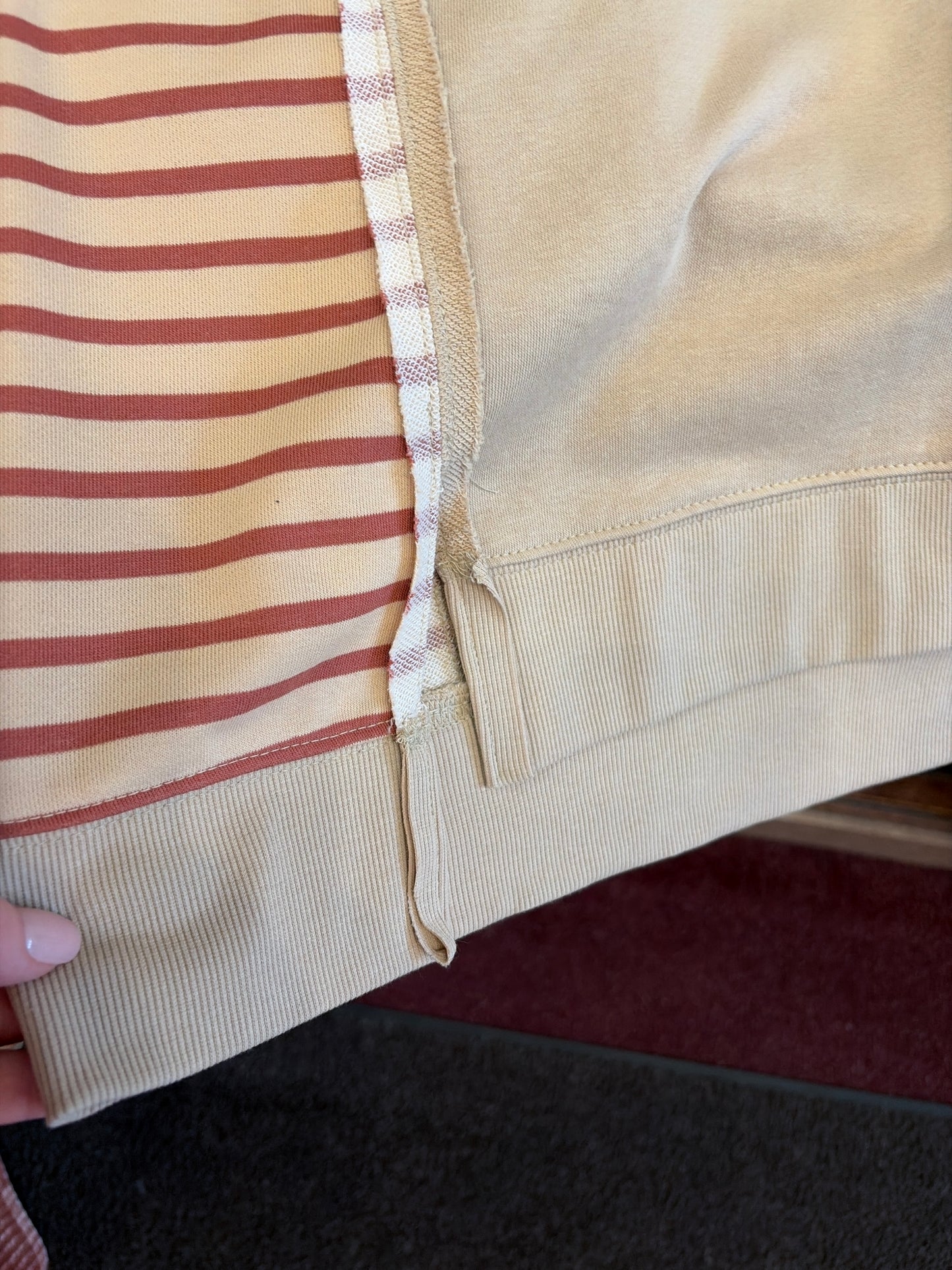 Very J striped Griz sweatshirt featuring a cozy, casual design with horizontal gray and white stripes on soft fabric.