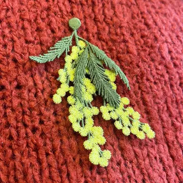 Embroidered mimosa flowers brooch pin by Botanopia USA, featuring detailed yellow floral design for plant lovers.