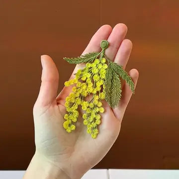 Embroidered mimosa flower brooch pin with detailed yellow and green stitching, perfect for plant lover accessories by Botanopia USA