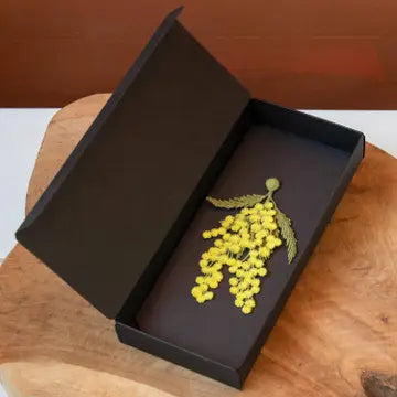 Embroidered mimosa flower brooch pin with detailed yellow and green floral design, perfect for plant lover accessories.