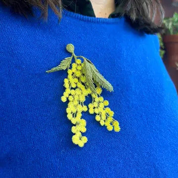 Embroidered Mimosa flowers brooch pin by Botanopia USA, featuring detailed yellow flower embroidery on a decorative pin.