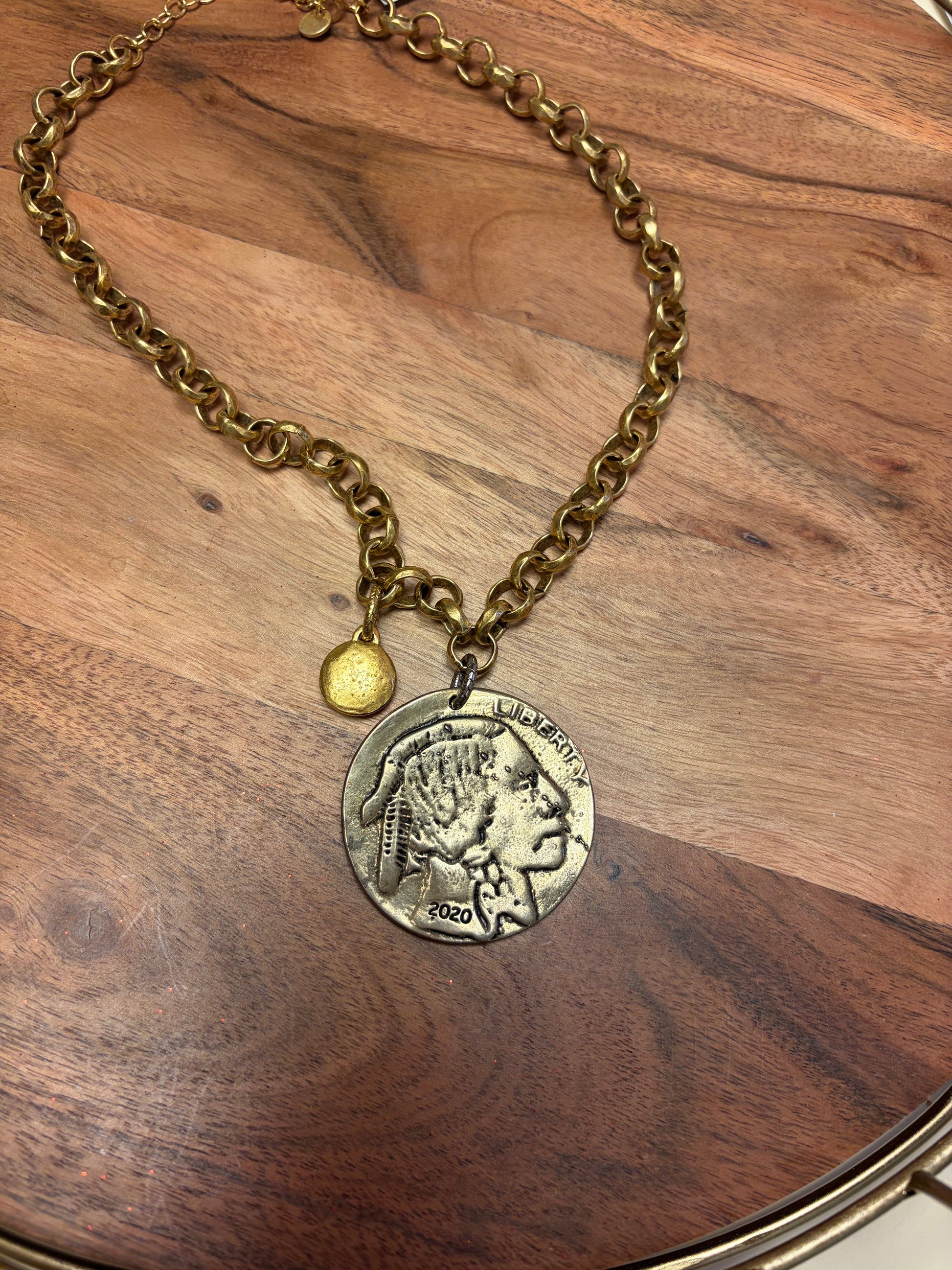 Buffalo Coin and Crystal Necklace by Lula 'n' Lee featuring a coin pendant with crystal accents on a delicate chain.
